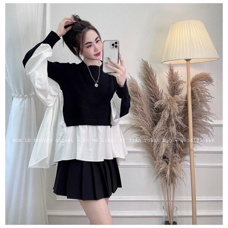 Áo babydoll phối màu đen xám tay cánh dơi | BigBuy360 - bigbuy360.vn