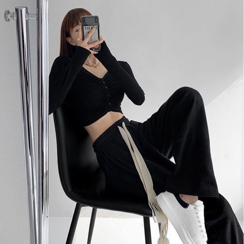 Quần Ống Rộng Unisex, Quần Simple Dành Cho Nữ, Cạp Chun Dây Nơ To Siêu Hot