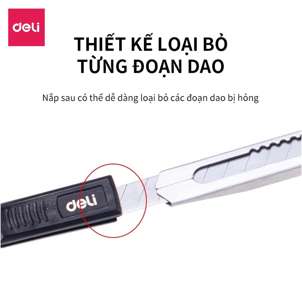 Dao rọc giấy mini Deli dùng trong văn phòng phẩm- chất liệu lưỡi bằng hợp kim -dễ dàng sử dụng màu Bạc - 1 cái E2034