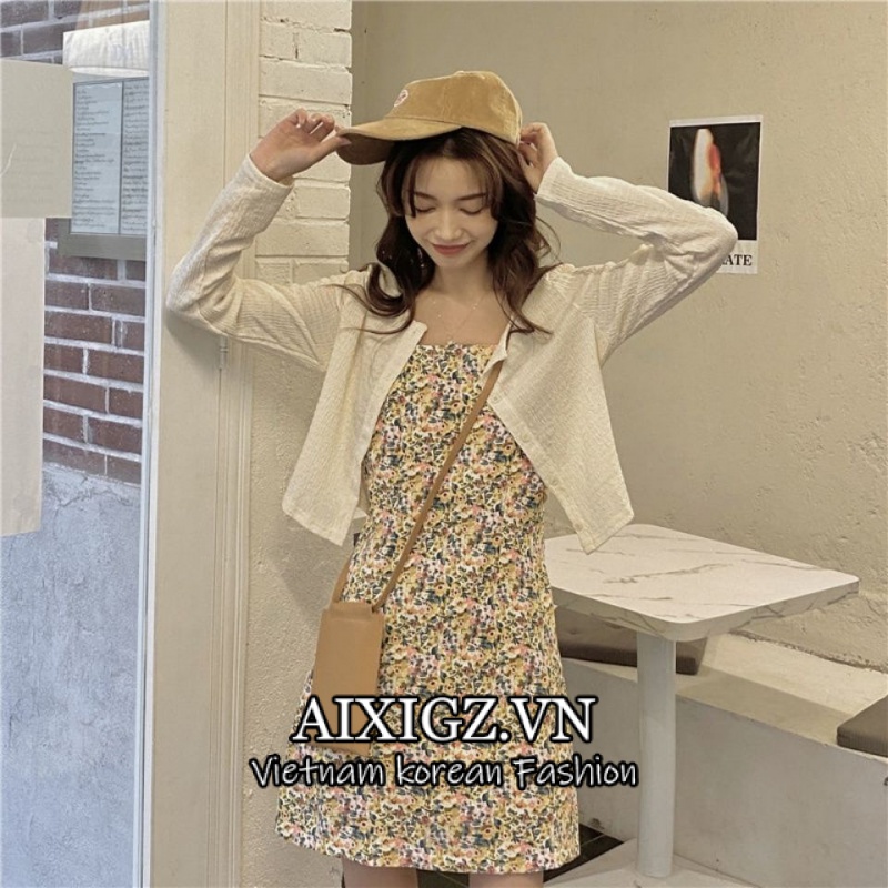 Áo khoác cardigan/ đầm hoa dáng ôm hai dây phong cách hè cho nữ tùy chọn