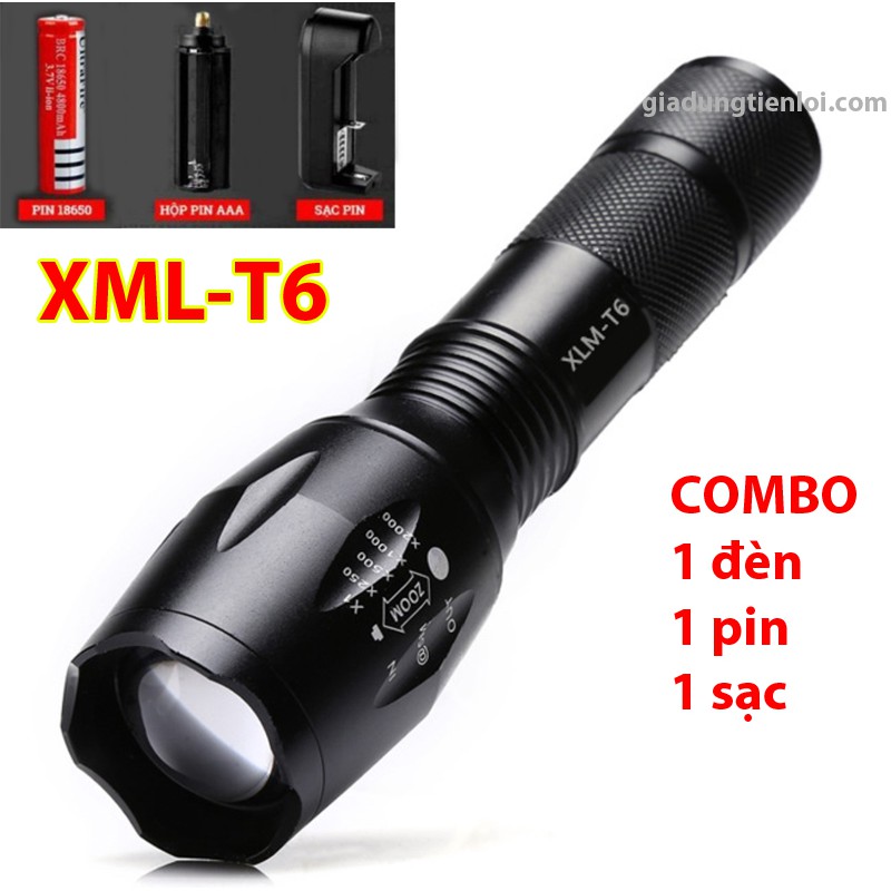 Combo đèn pin siêu sáng XML-T6 (đèn + sạc + pin 4800mAh)