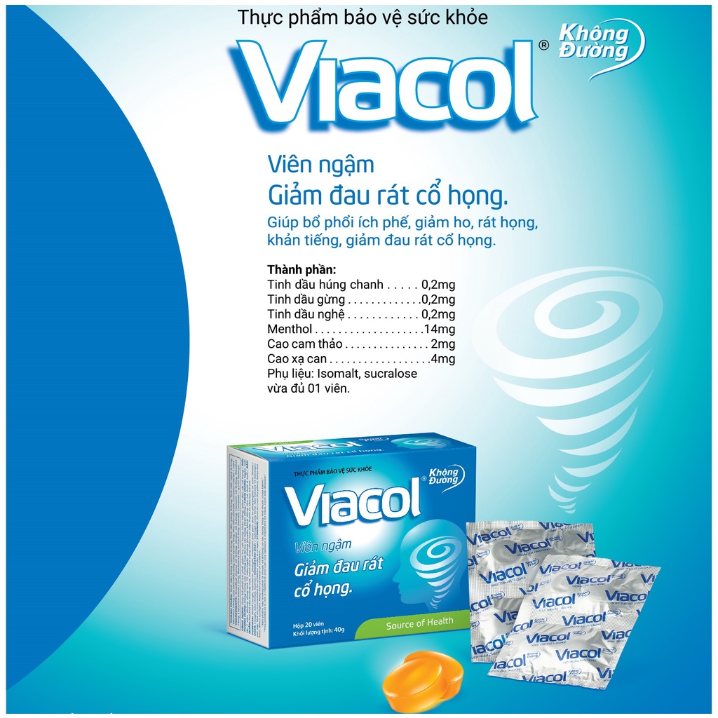 Kẹo Ngậm Không Đường Viacol Giảm Đau Rát Họng Hộp 20 viên