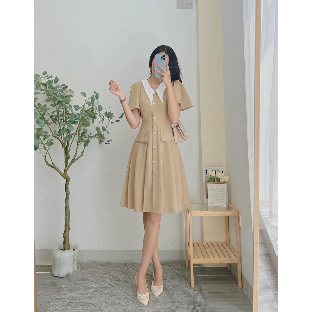 Váy Công Sở Nữ Minz Store Mã 3276, Thiết Kế Thân Xếp Ly Phối Cổ Nhọn Đính Cúc Ngọc