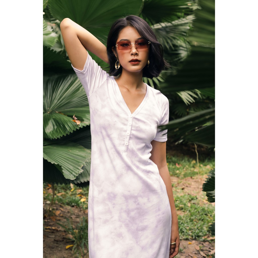 Đầm nữ dáng suông ngắn tay cổ V - neck plain short sleeve dress màu tím GG3277