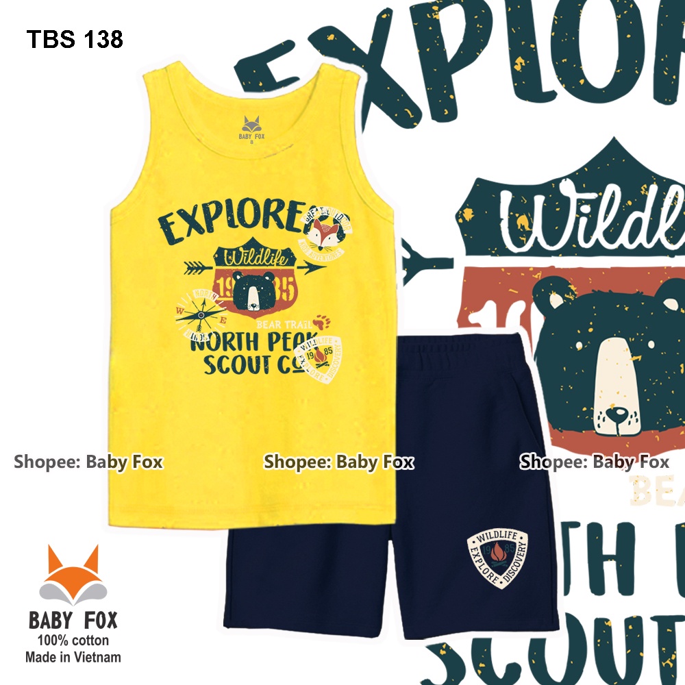 Bộ thun bé trai sát nách 100% cotton loại tốt, thương hiệu BABY FOX, size nhỏ, trung, đại e