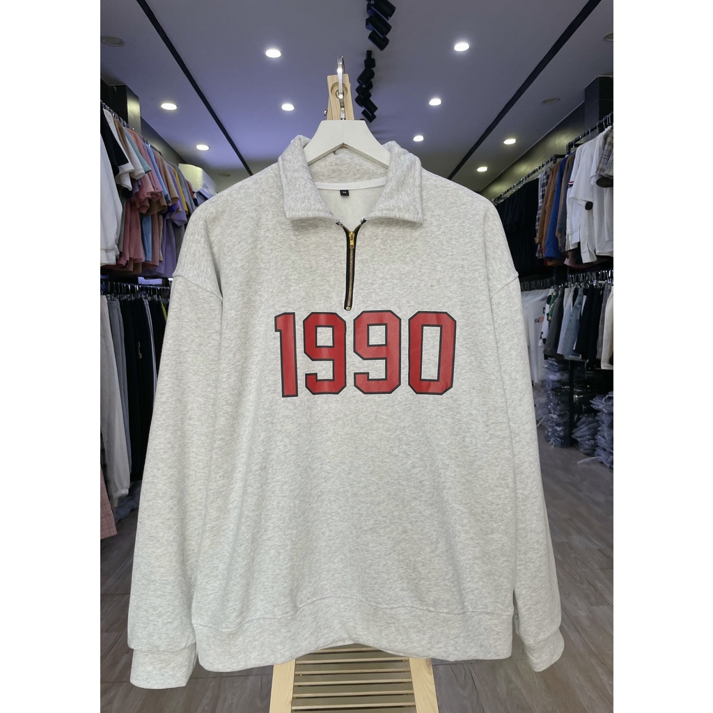 Áo Sweater 1990 Boin shop chất nỉ bông cotton dày phối cổ polo có zip from rộng unisex cho cả nam và nữ siêu đẹp