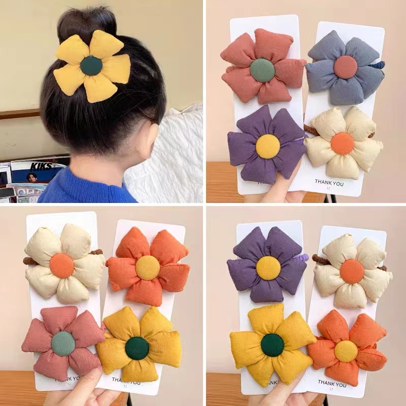 Dây Cột Tóc Cao Su Co Giãn Bọc Vải Cotton Họa Tiết Hoa Hướng Dương Dễ Thương Phong Cách Hàn Quốc Cho Bé Gái