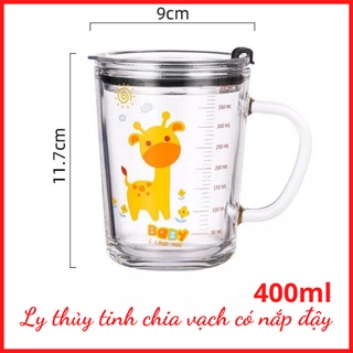Ly/ Cốc Thủy Tinh Chia Vạch Có Quai Cầm Chịu Nhiệt 400ml – Ly Thủy Tinh Pha Sữa Cho Bé Có Nắp - Kèm Ống Hút Sillicon