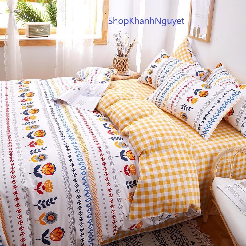 Bộ chăn ga gối cotton poly nhập khẩu - Kẻ Hoa (SP001168)