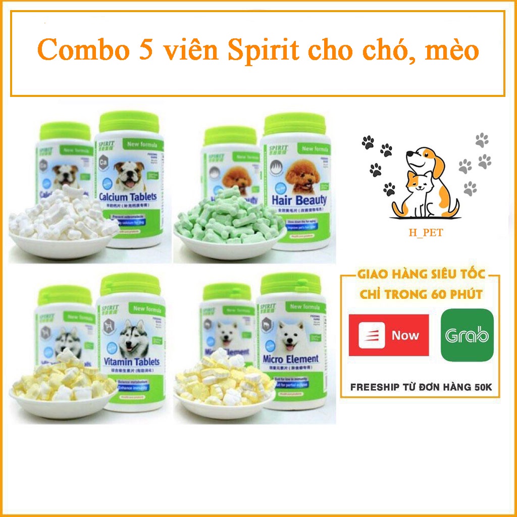 Combo 5 viên Canxi/Khoáng/Vitamin/Dưỡng lông Spirit cho chó, mèo