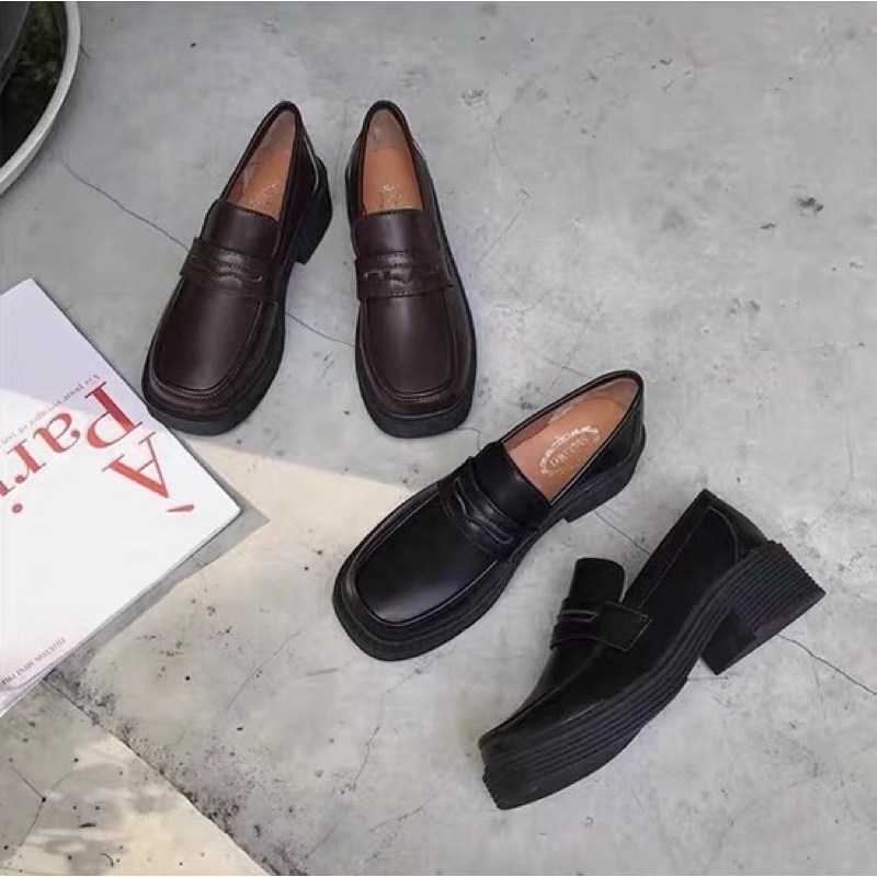 Giày loafer nữ oxford lolita ulzzang Nhật Bản búp bê mũi vuông đế cao da PU trơn đen nâu đồng phục JK Yannie