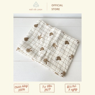 Vải họa tiết xô muslin gấu bear xen kẽ thỏ nâu ô vuông nhà vải linen