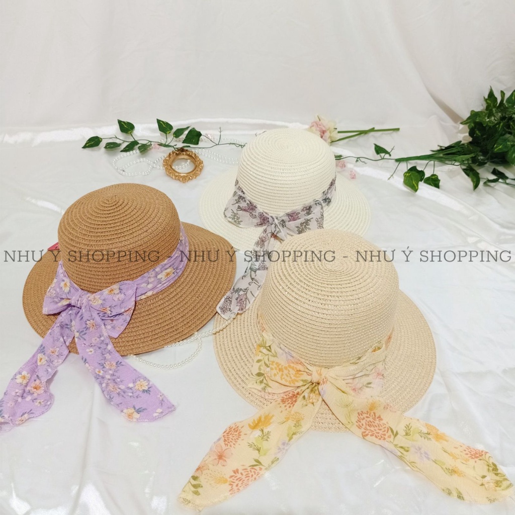 Nón cói,mũ cói nữ đi biển vành nhỏ phối nơ vải nhiều màu phong cách vintage-q12 vành nhỏ nơ NM