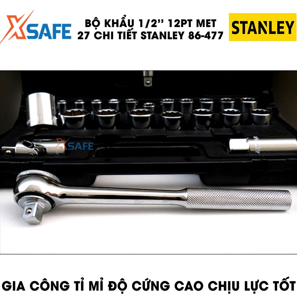 Đầu tiếp bộ 1/2 INCH 12PT MET 27 chi tiết STANLEY 86-477 thép CR-V cao cấp Đầu tuýp độ bền cao, chịu lực tốt