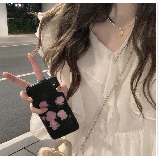 Váy nữ dáng dài tay xòe bèo nhún ôm eo phong cách mùa thu Hàn Quốc