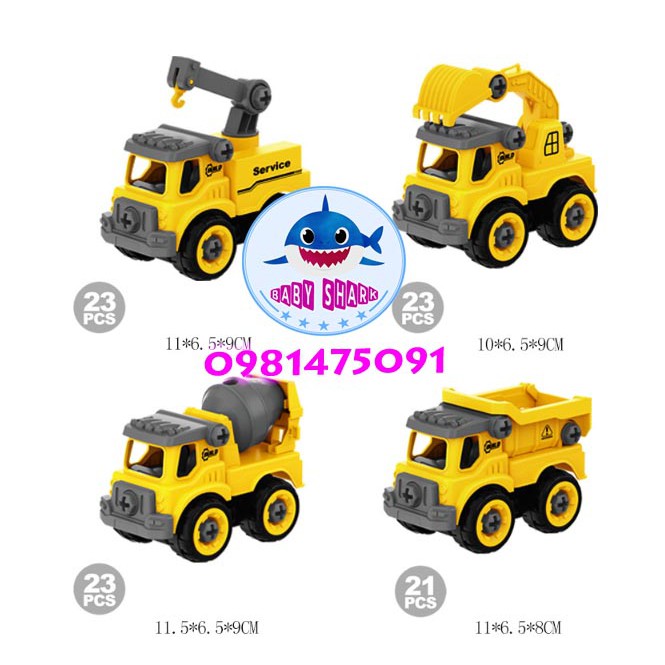 Xe tải,máy xúc,máy cẩu, xe lu, xe trộn bê tông, xe khoan tháo lắp kem tô vít cho bé