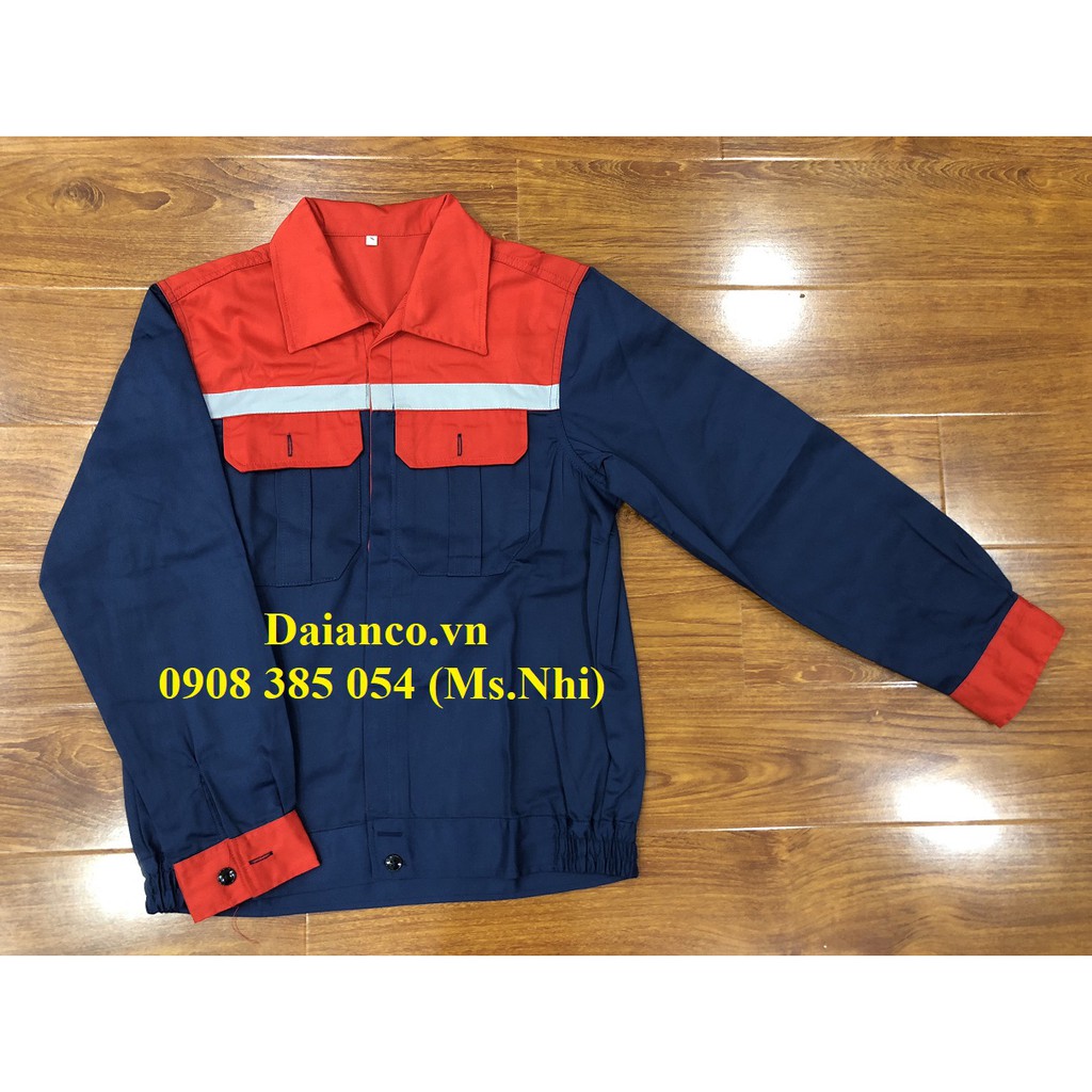 Quần áo bảo hộ tay dài màu tím than phối đỏ DN14 vải kaki thấm hút mồ hôi - Hình thật