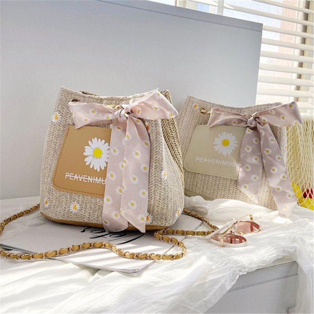 KENT1 Túi Cói Phối Khăn Lụa Thời Trang Hàn Quốc Xinh Xắn