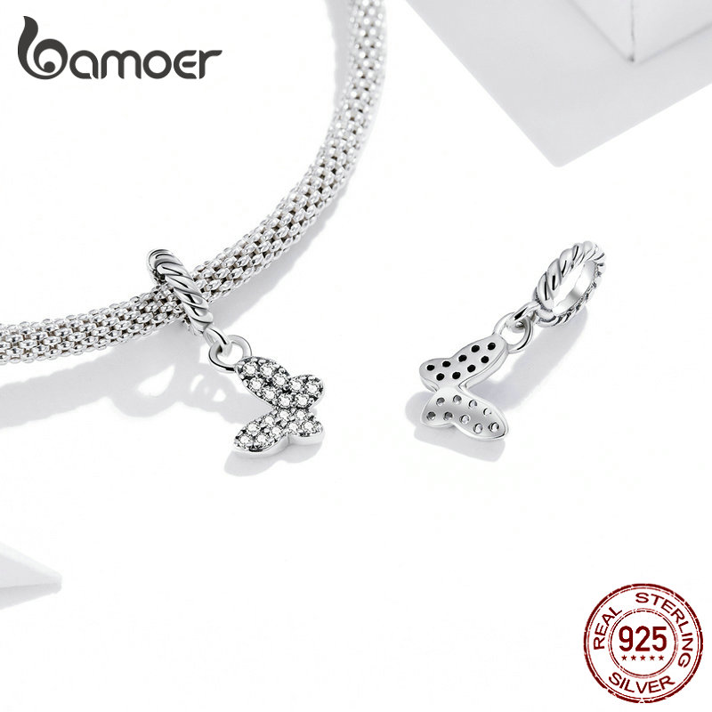 Hạt vòng tay Bamoer SCX121 làm bằng 100% bạc 925 mạ Platinum mặt hình bướm đính đá Zircon DIY