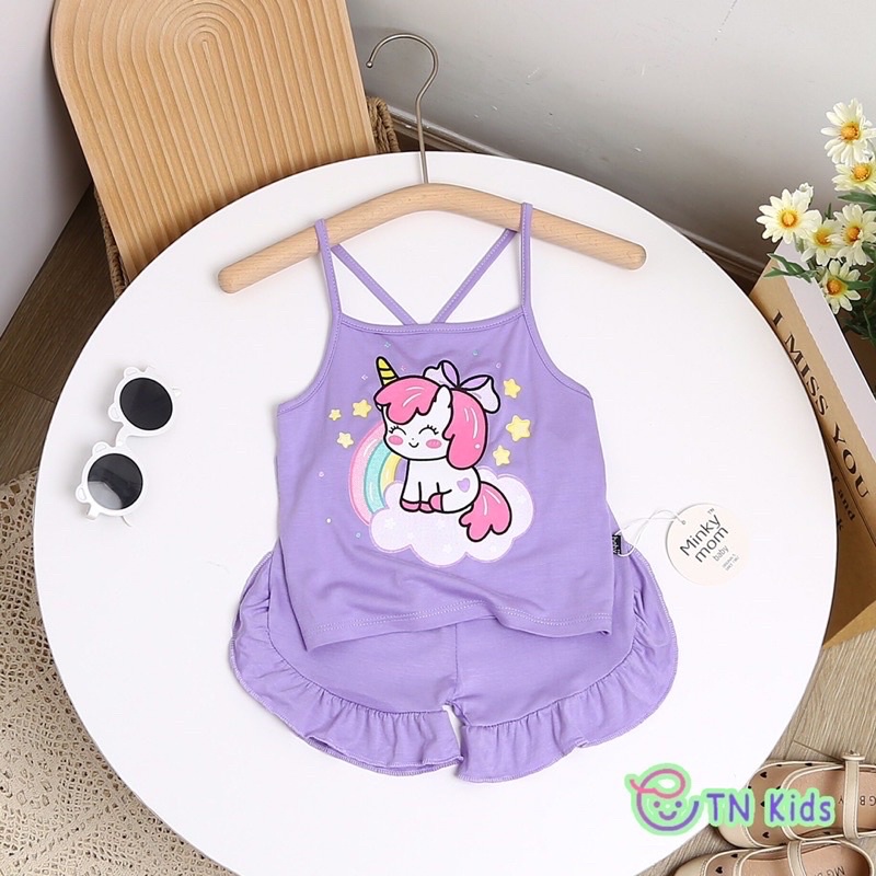 NT014 Bộ 2 dây quần phối viền bèo, áo hai dây thun lạnh Minky Mom cho bé gái mặc hè