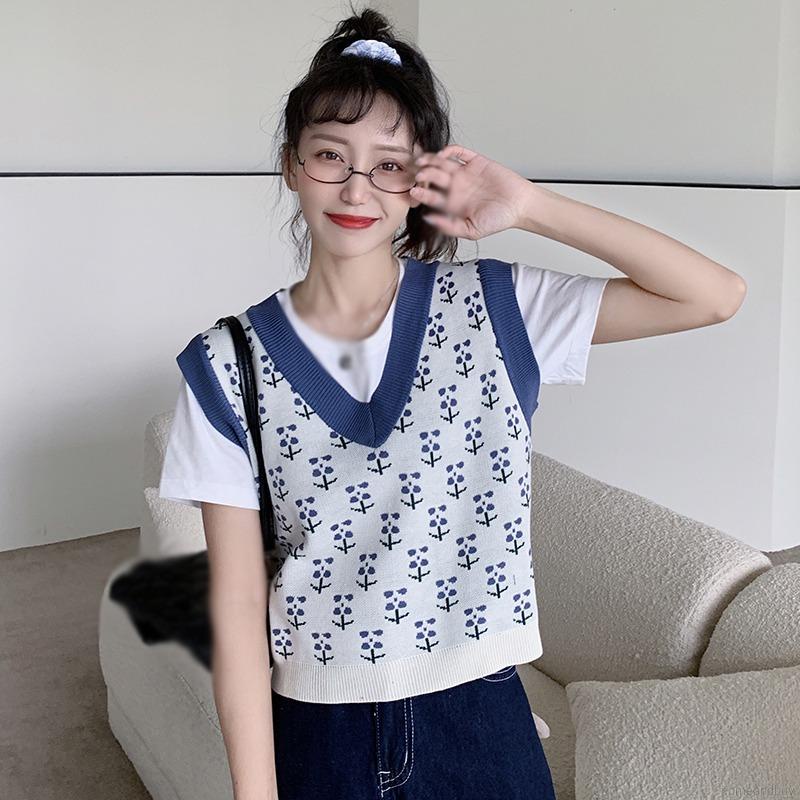 Áo Dệt Kim Sát Nách Cổ Chữ V Màu Sắc Tương Phản Phong Cách Retro Hàn Quốc | BigBuy360 - bigbuy360.vn