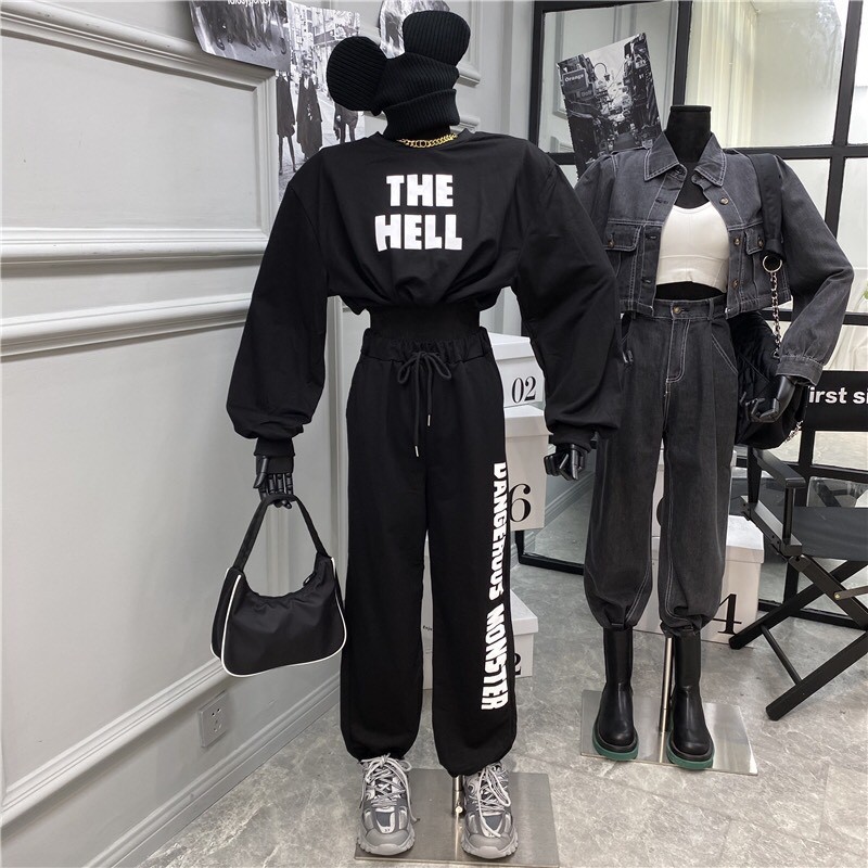 Mẫu Đẹp Giá Sỉ ❤ Set Bộ Thể Thao Áo Croptop Nỉ Dài Tay Rút Dây The Hell Mix Quần Jogger Monster Đen Xám