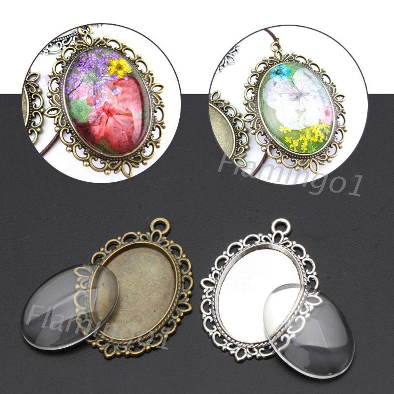 Set 10 khay mặt dây chuyền và 10 miếng cabochons thủy tinh hình oval tự làm trang sức thủ công