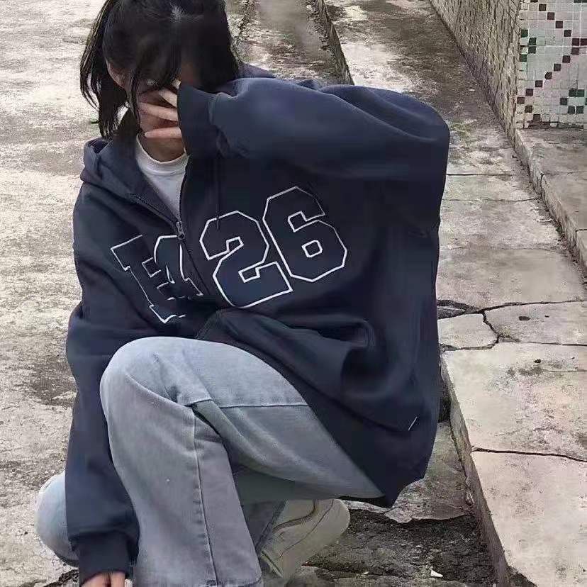 Áo Khoác Có Mũ Trùm Dáng Rộng Khóa Kéo Thời Trang Xuân Thu Mới