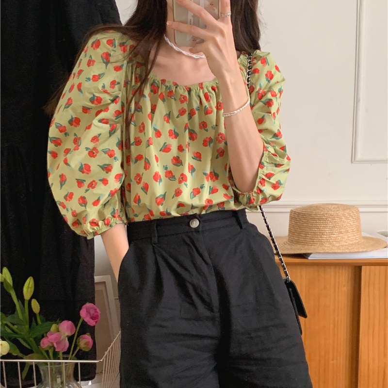 SUXI Áo Trễ Vai In Hoa Phong Cách Hàn Quốc Xinh Xắn Dành Cho Nữ