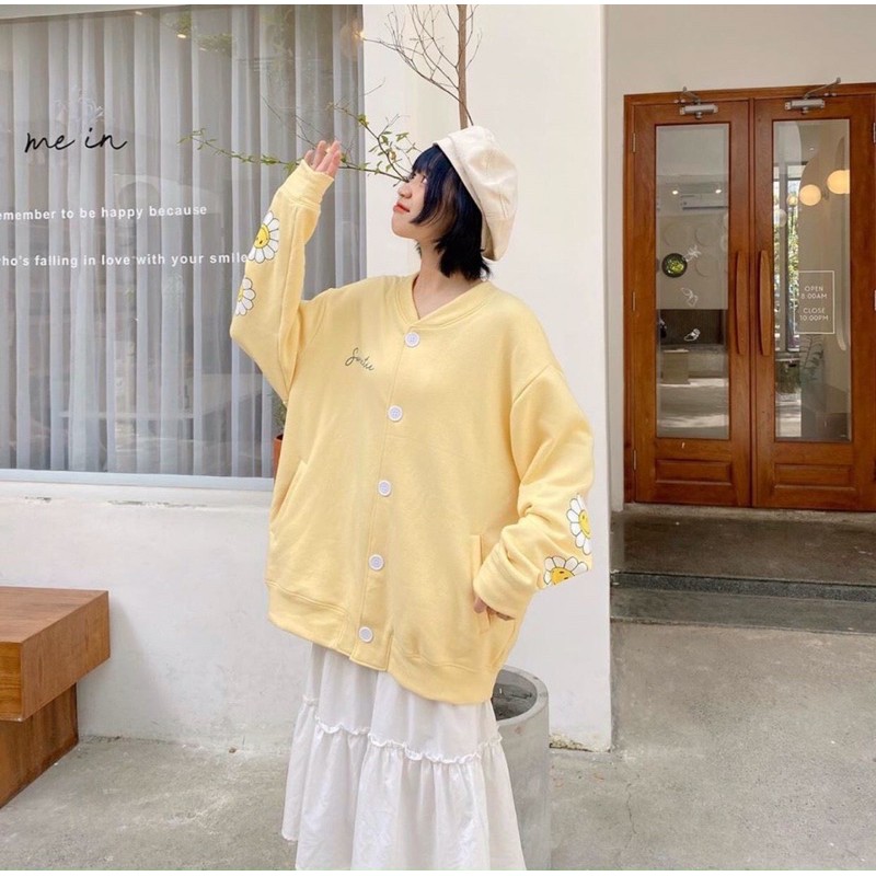FREESHIP 50- Áo Khoác Nỉ Form Rộng Bomber Hoa Cúc Tay Cadigan Ulzzang - CDGHOACUCTAY