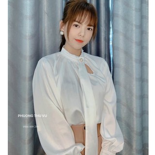 áo sơ mi lụa nữ nơ vát khuy ngọc tay dài sang chảnh