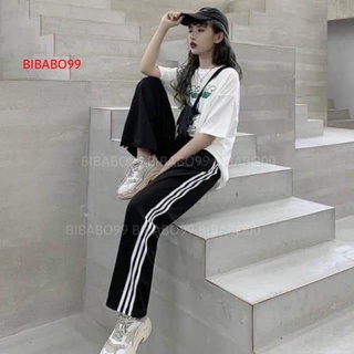 Quần thể thao nữ ba sọc dáng suông, quần suông ống rộng lưng cao cạp chun mặc đi học đi chơi