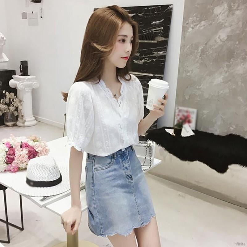 Áo Sơ Mi Nữ Tay Lửng Cổ Chữ V Phối Ren