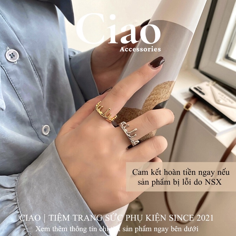 [TRENDY] Nhẫn mạ bạc S925 thiết kế hoạ tiết hình vương miện phong cách đơn giản mới lạ Nora Ciao