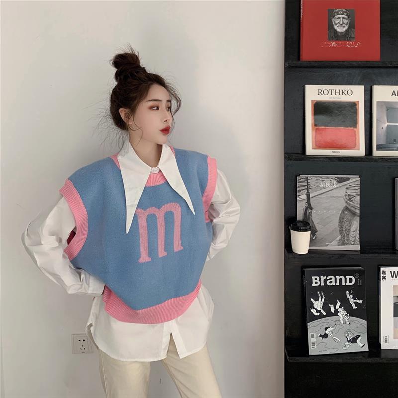 Set áo sơ mi dài tay cổ búp bê + áo len không tay hợp thời trang cho nữ (có bán lẻ) | BigBuy360 - bigbuy360.vn