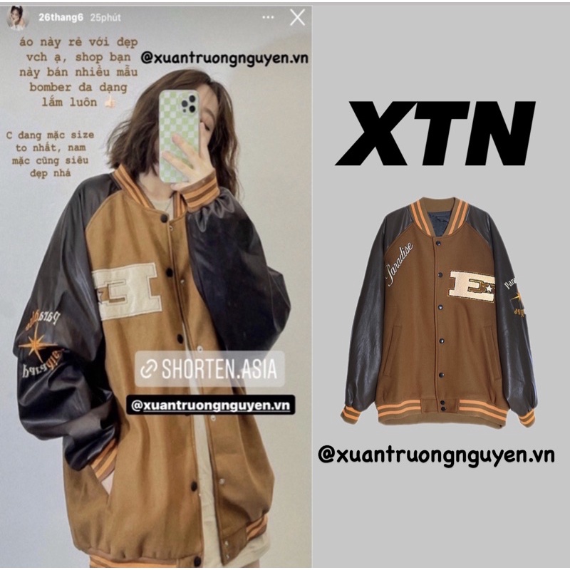 Áo bomber jacket varsity nam nữ màu nâu cafe mới phong cách Hàn Quốc 2021