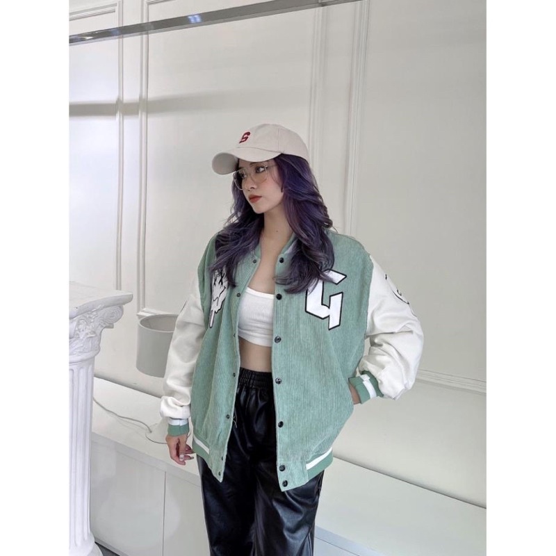 Áo Khoác Bomber ❤ Áo Varsity GONZ Nhung Tăm Unisex Form Rộng