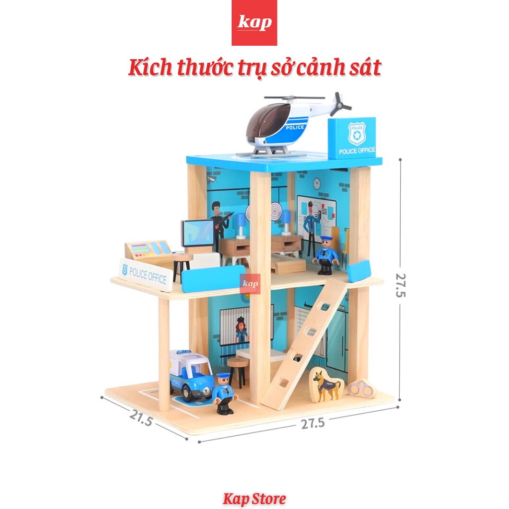 Bộ đồ chơi Trụ sỡ cảnh sát, trụ sở cứu hỏa, có thể chơi cùng với mô hình đường ray xe lửa gỗ