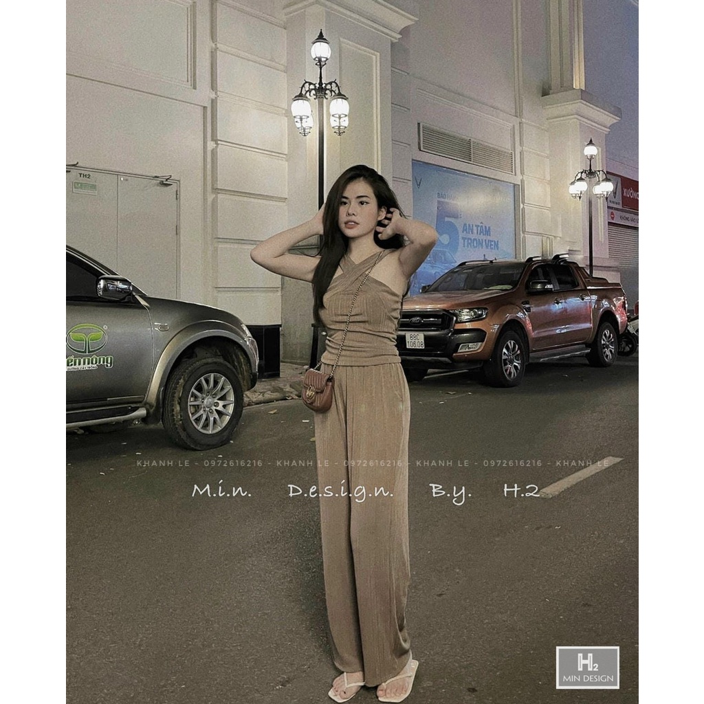 [10.10 Sale Freeship] Set bộ áo yếm cổ chéo kèm quần dài ống suông chất thun gân siêu hack dáng body trẻ trung quyến rũ