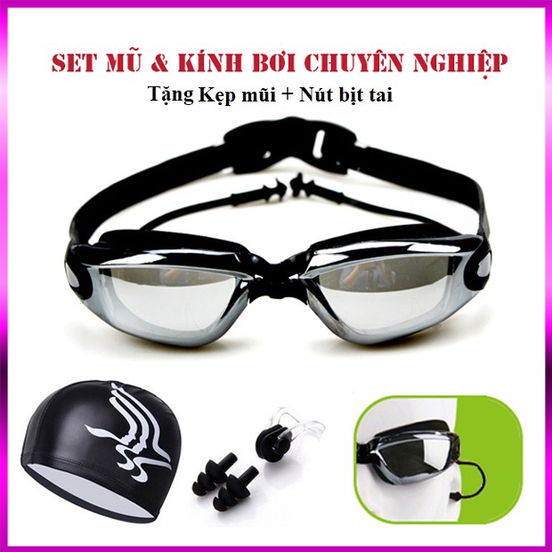 Kính bơi người lớn tráng gương GUROSS kèm mũ bơi và bịt tai cho nam nữ, cho bé trẻ em