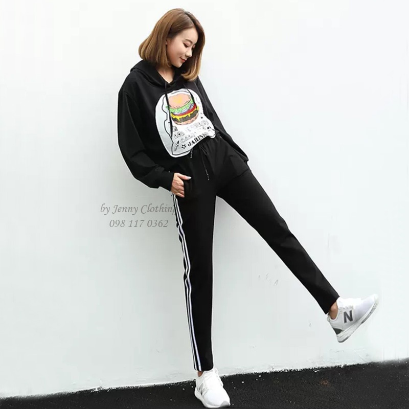 Quần jogger nữ dây rút dáng thể thao phối line 2 sọc trắng vải Umi dày dặn co dãn bo ống mặc tập gym thể dục đi học chơi