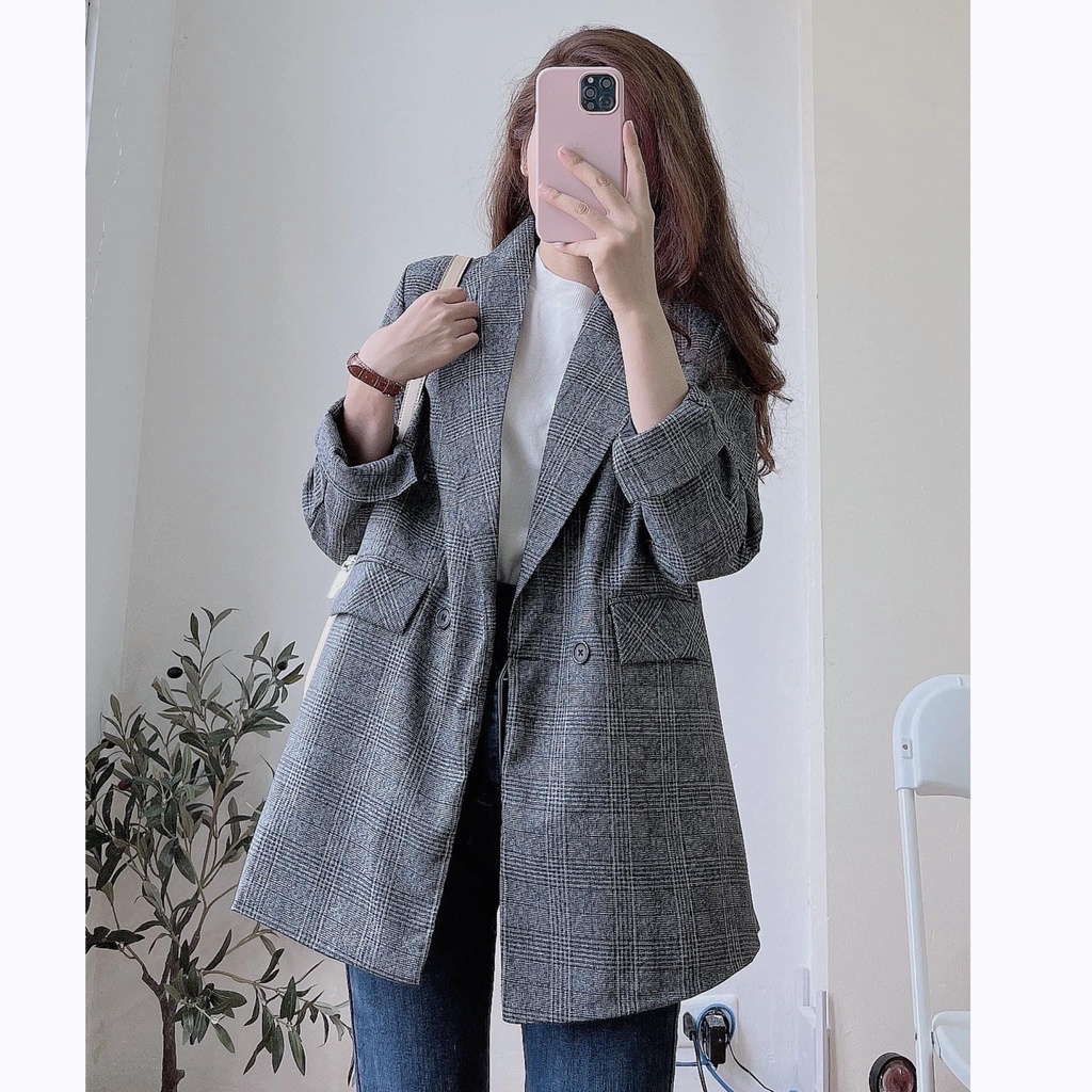 [SẴN/VIDEO] BLAZER KẺ XÁM FORM RỘNG HÀN QUỐC