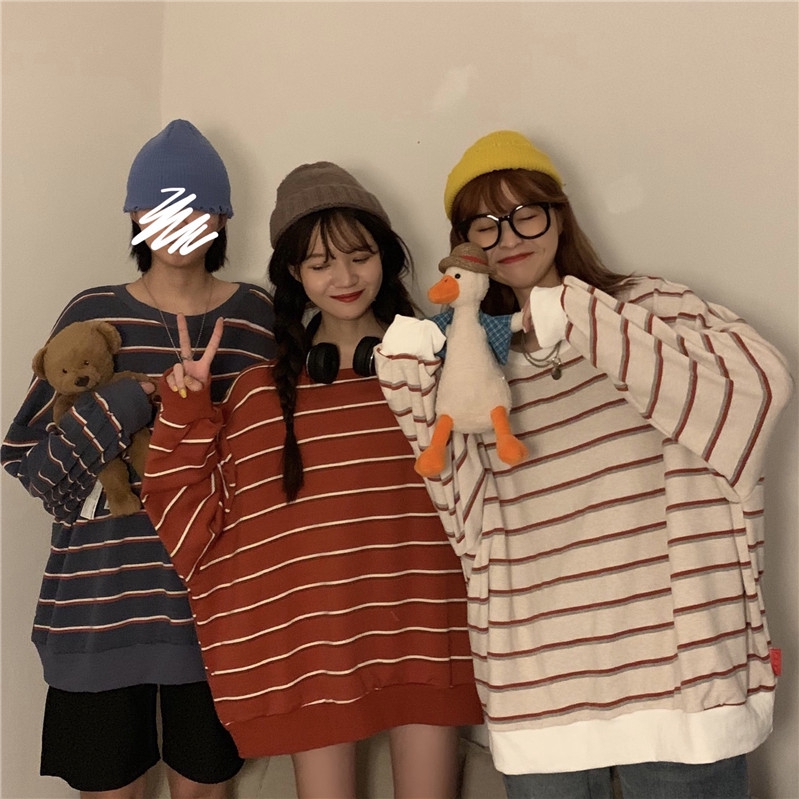 Korean unisex casual striped sweater round neck pullover ulzzang loose（3 colors）