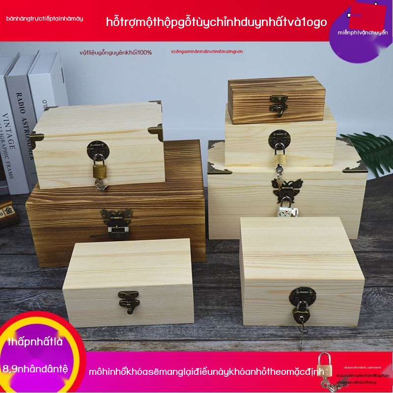 L♨❀Hộp lưu trữ cổ điển có khóa gỗ tùy chỉnh kích thước hình chữ nhật quà tặng