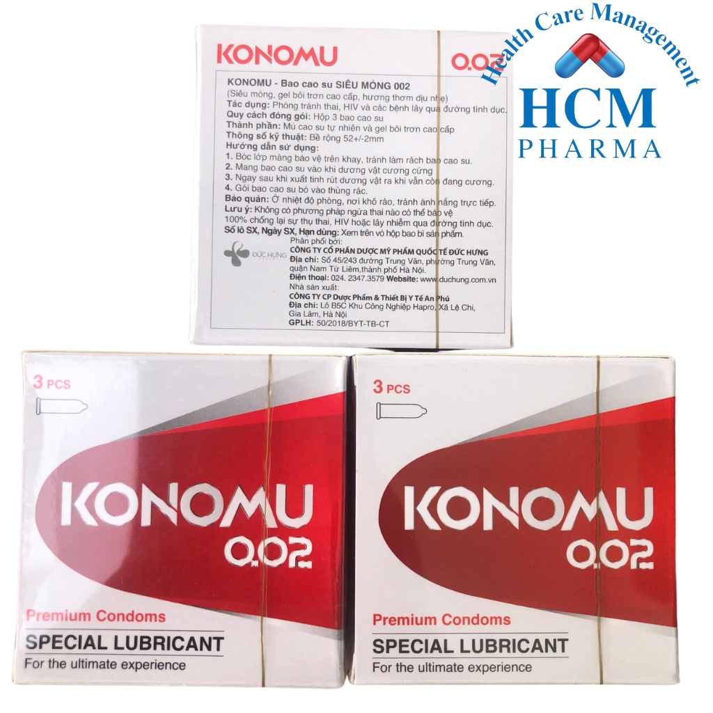 Bao cao su siêu mỏng KONOMU 0.02 hương thơm dịu nhẹ, gel bôi trơn cao cấp hộp 3 cái HCM PHARMA DHG18
