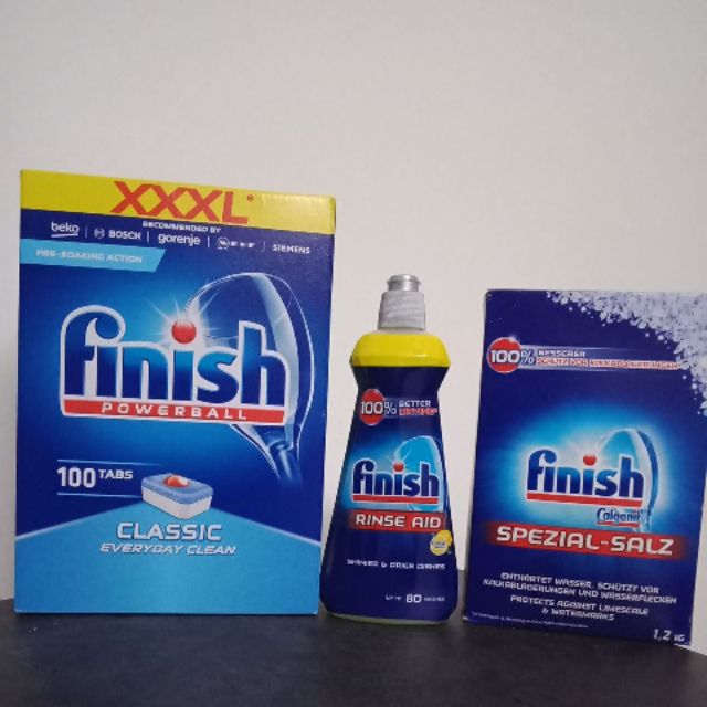 Combo muối rửa bát finish 1.2kg + 100 viên rửa bát finish +chai nước làm bóng finish 400ml