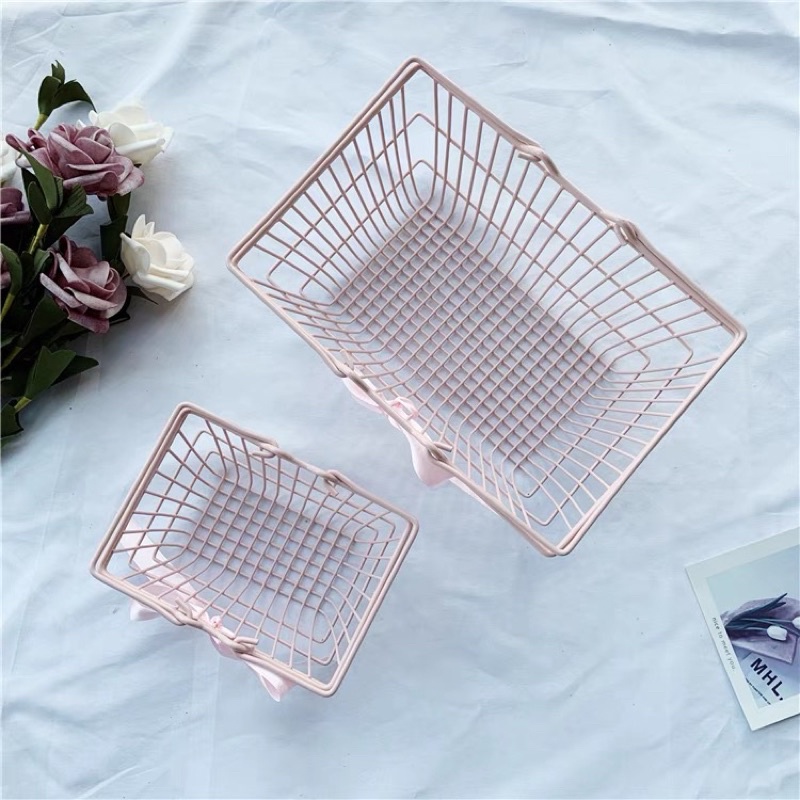 Giỏ Sắt Nơ Hồng Pastel Phụ Kiện Chụp Ảnh Trang Trí Nhà Và Cửa Hàng Rất Xinh 2 size