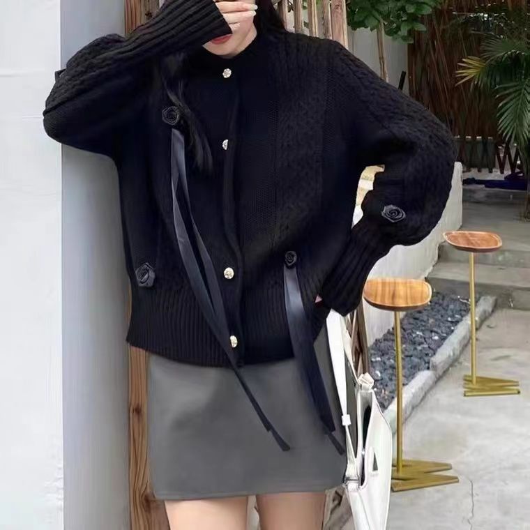 Áo Khoác cardigan Dệt Kim Tay Dài Họa Tiết Hoa Hồng Ba Chiều Thời Trang Thu Đông