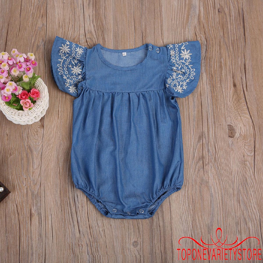 Bộ áo liền quần denim cổ chữ V dễ thương cho bé gái