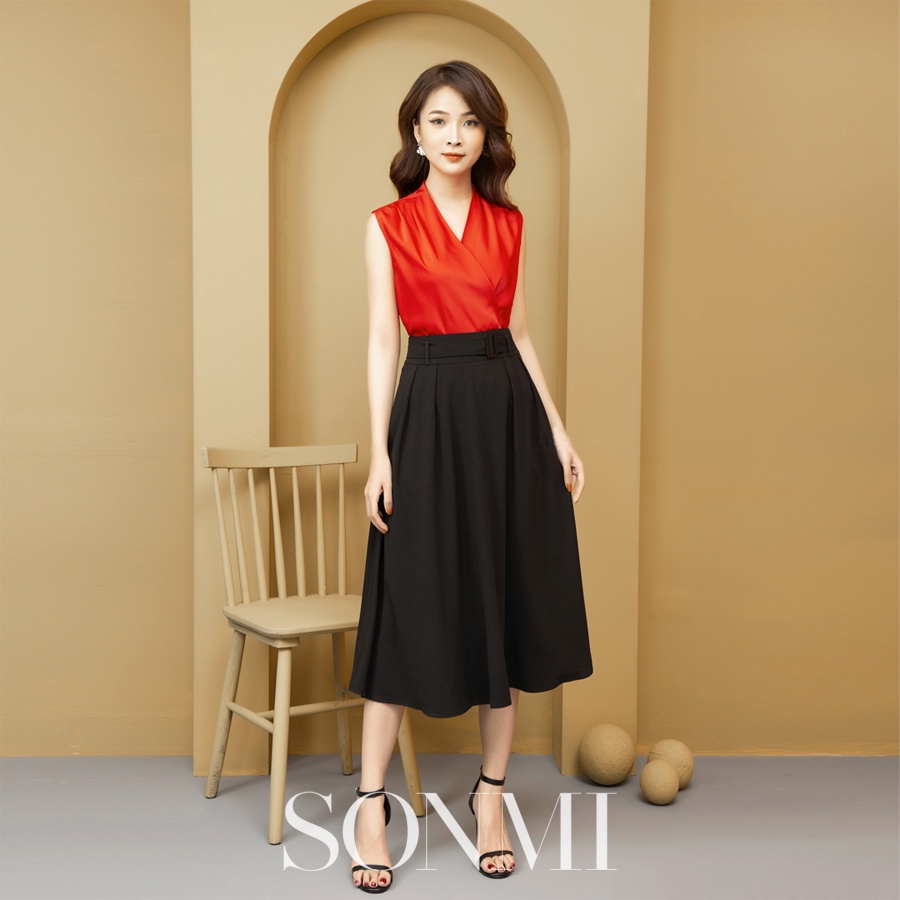 Áo Sơ Mi Nữ SONMI Hàn Quốc Cổ V Sát Nách PENNY SIENNA Lụa Ngọc Trai